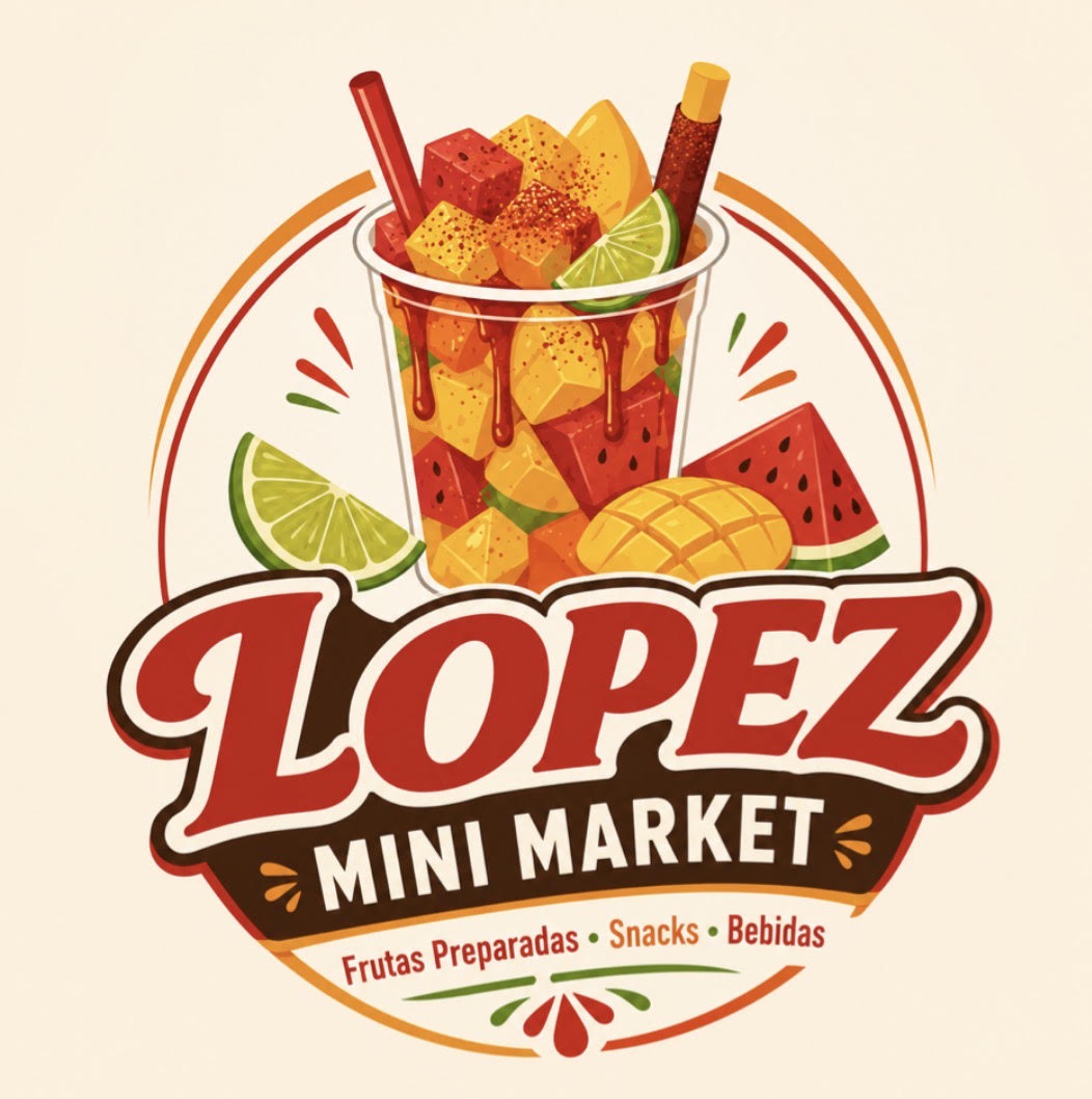 Lopez Mini Market logo — a chamoy fruit cup with mango, watermelon, and lime